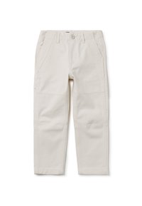 Pantalones cargo de color beige claro con bolsillos, hechos de tela de algodón. Cuenta con un cierre de botón y un diseño de pierna recta, textura suave y costuras mínimas.
