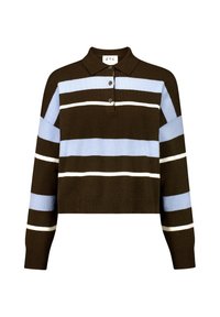 Brązowy, krótki sweter polo z dzianiny z jasnoniebieskimi i białymi paskami, z trzema guzikami oraz prążkowanymi mankietami. Miękka, fakturowana tkanina.