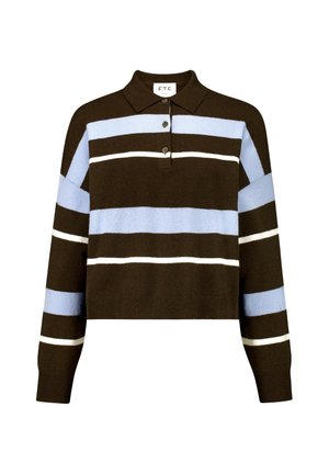 Braun, kurz geschnittener, gestrickter Polo-Pullover mit hellblauen und weißen Streifen, Drei-Knopf-Leiste und gerippten Bündchen. Weicher, strukturierter Stoff.