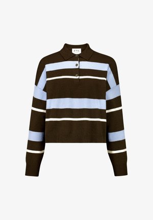 Braun, kurz geschnittener, gestrickter Polo-Pullover mit hellblauen und weißen Streifen, Drei-Knopf-Leiste und gerippten Bündchen. Weicher, strukturierter Stoff.