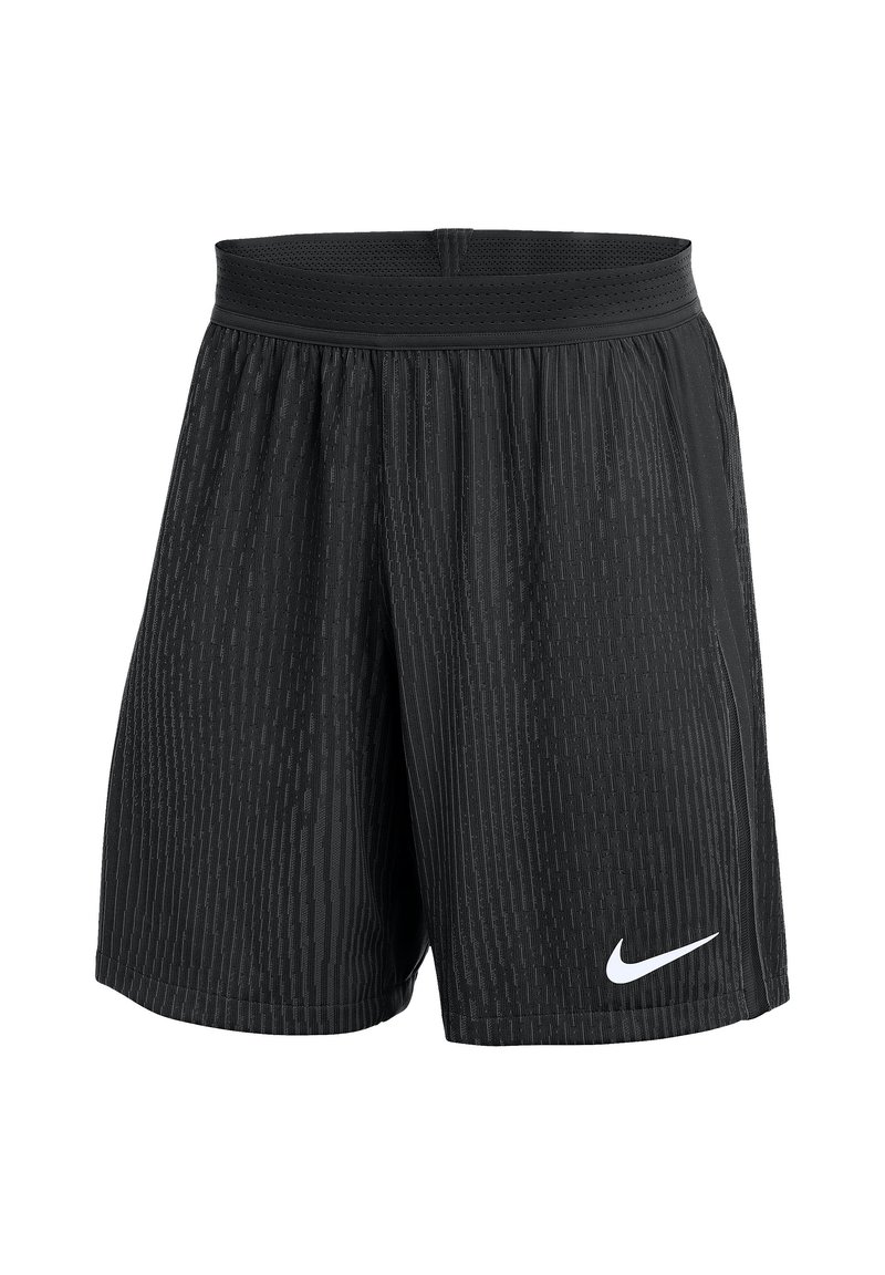 Zwarte sportshorts met een textuurdesign, elastische tailleband en het witte Nike-logo aan de linkeronderzijde.