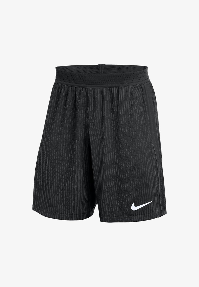 Zwarte sportshorts met een textuurdesign, elastische tailleband en het witte Nike-logo aan de linkeronderzijde.