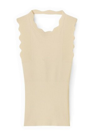 Haut tricoté beige sans manches avec bords festonnés sur les bretelles et un col rond.