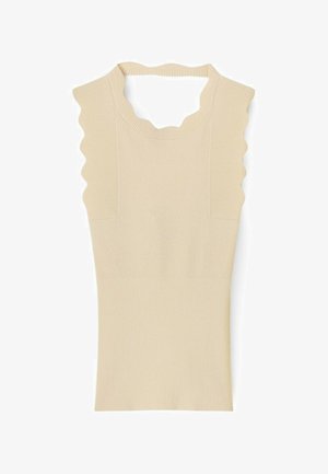 Haut tricoté beige sans manches avec bords festonnés sur les bretelles et un col rond.