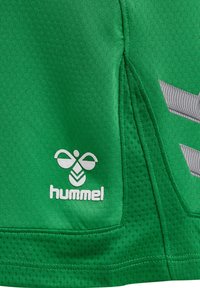 Grøn sportsjersey lavet af et struktureret mesh-stof. Har et hvidt Hummel-logo og et sølvfarvet chevron-mønster på siden. Simpelt design.