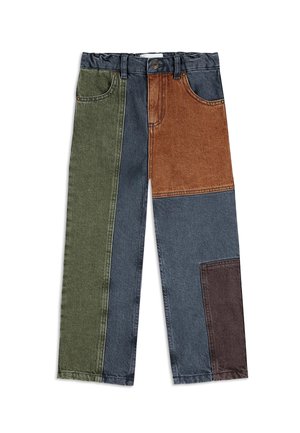 Farbblockierte Jeans mit Patches in Olivgrün, Rostbraun, Dunkelblau und Anthrazit, mit Knopfverschluss und elastischem Bund.