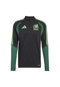 Fekete, hosszú ujjú sportpóló zöld díszítésekkel, negyed cipzáros gallérral, Adidas logóval és Mexikó címerrel, texturált panelek az ujjakon.