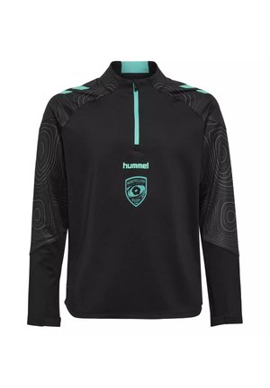 Haut d'entraînement de rugby noir à manches longues avec fermeture éclair turquoise, logo Montpellier Rugby et manches à motifs par Hummel.