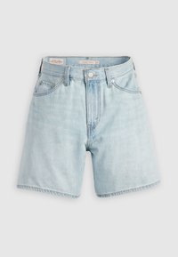 Lichtblauwe denim shorts met een hoge taille, vijfzakkenontwerp en een knoopsluiting aan de voorkant. Verweerde details bij de zoomranden.