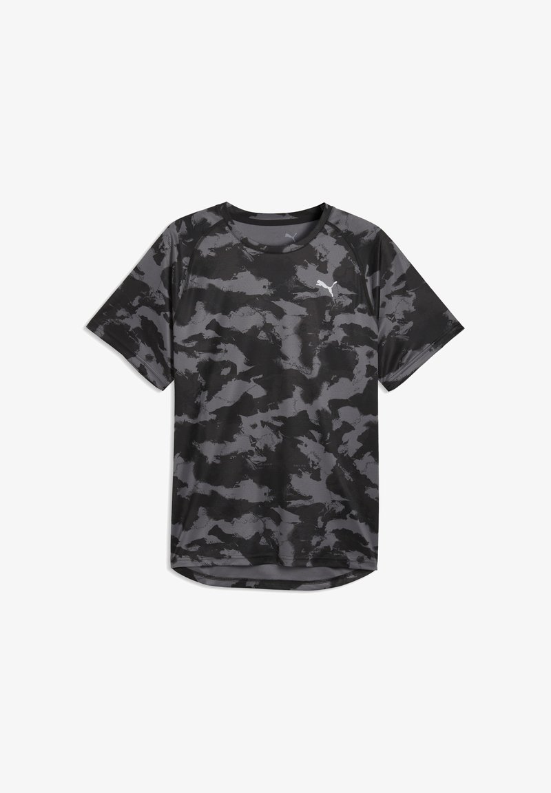 Schwarzes und dunkelgraues, camouflagegemustertes, kurzärmeliges Sport-T-Shirt mit Rundhals und kleinem weißen Puma-Logo auf der Brust.
