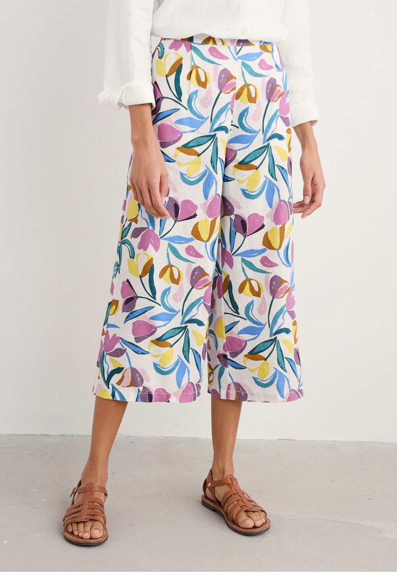 Floral-patterned, wide-leg culottes in white, featuring pink, yellow, and blue flowers with green leaves; paired with brown strappy sandals.