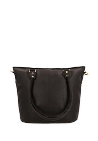 Sac fourre-tout en cuir noir avec une surface texturée, doté de deux poignées solides et d'accents en métal doré. Design simple et spacieux.