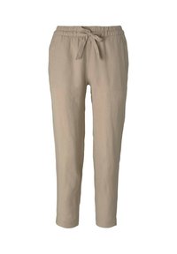 Pantalons en lin beige avec une taille élastique, présentant un cordon de serrage, des jambes fuselées et une texture lisse et légère.