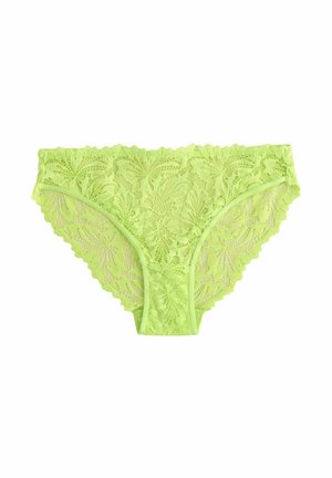 Lace bikini-achtige ondergoed in strak neon groen, met ingewikkelde bloemmotieven en een gegolfde rand langs de tailleband.