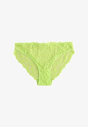 Biancheria intima in stile bikini di pizzo in un vivace verde neon, caratterizzata da intricati motivi floreali e un bordo scallopato lungo la vita.