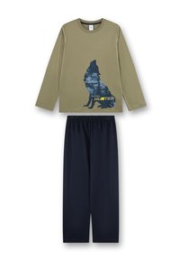 Olijfgroene langstaande blouse met wolfgrafiek en blauwe accenten, gecombineerd met donkerblauwe elastiche tailleband broek. Zacht, ademend materiaal.