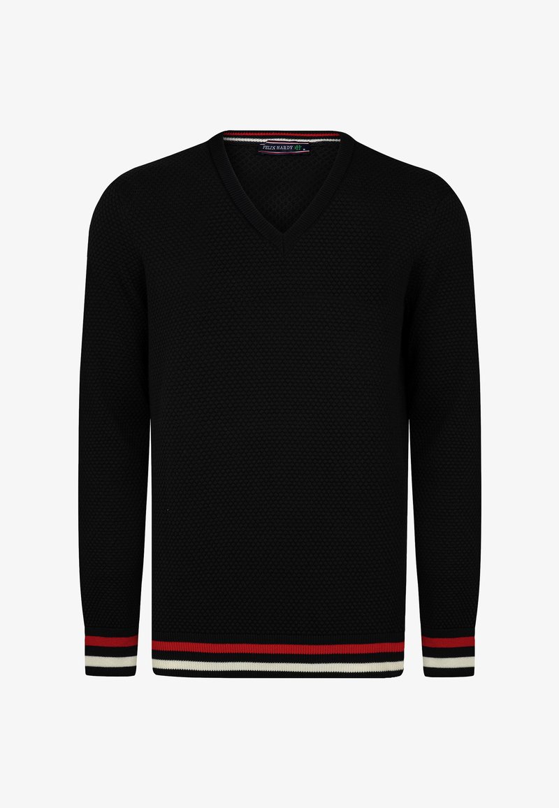 Maglione nero a scollo a V con un motivo a maglia testurizzato, dettagli a strisce rosse e bianche ai polsini e all'orlo, e maniche lunghe.