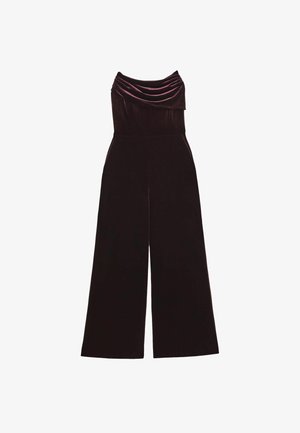 Velvet jumpsuit i mørk bourgogne med draperet udskæring, vide bukser og sidelommer. Glat tekstur med elegant glans.