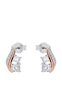 Orecchini a bottone con due gemme chiare tonde, accentuati da curve in oro rosa e piccoli stones bianchi incastonati lungo i bordi.