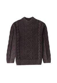 Maglione lavorato a maglia grigio scuro con colletto rotondo a coste, caratterizzato da motivi a treccia testurizzati e distintivi disegni a diamante sulla parte anteriore.