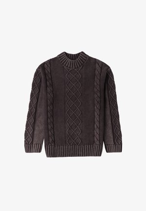 Pull en tricot gris foncé avec un col rond côtelé, présentant des motifs en cable texturé et des designs en diamant distincts sur le devant.