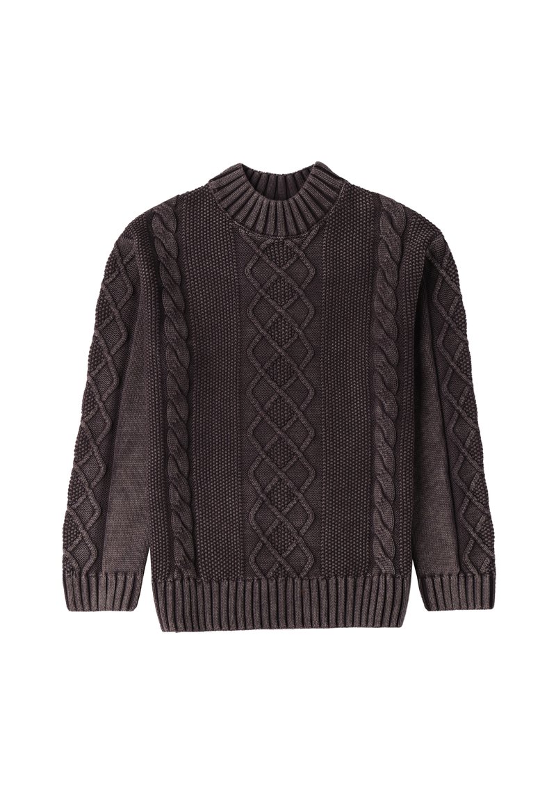 Maglione lavorato a maglia grigio scuro con colletto rotondo a coste, caratterizzato da motivi a treccia testurizzati e distintivi disegni a diamante sulla parte anteriore.