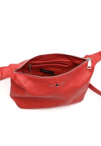 Borsa a mano in pelle rossa con finitura testurizzata, dotata di chiusura a zip, tasca interna e decorazioni in argento a forma di stella e borchie. Include una tracolla regolabile.
