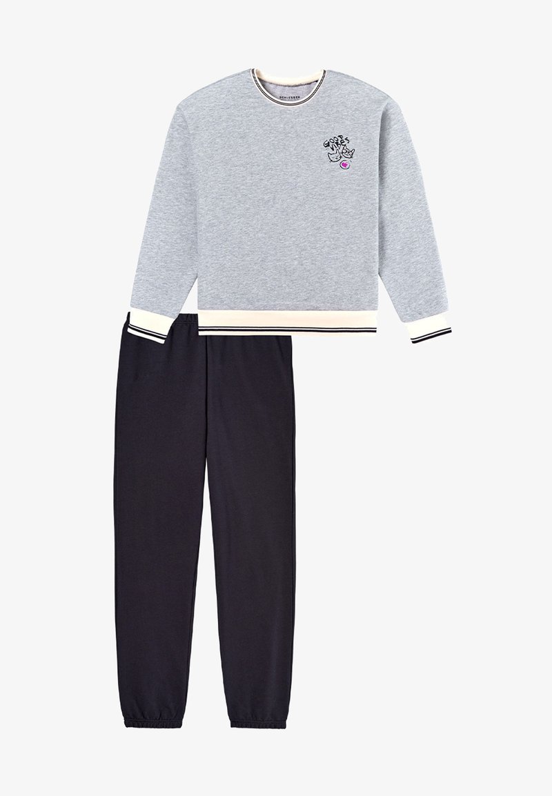 Gray sweatshirt with long sleeves and black sweatpants. Sweatshirt features a cat design and striped accents at cuffs and neckline.