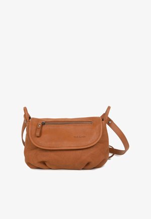 Brown leather crossbody bag with a rounded base, zipper pocket on the front, and a long adjustable strap. Subtle logo on the side.