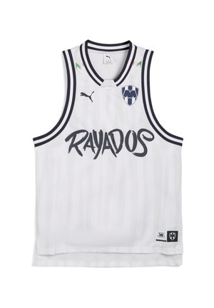 Witte mouwloze jersey van meshstof, met zwarte accenten, de tekst "RAYADOS" en een blauw clublogo aan de voorkant.