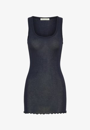 Tamsiai mėlynas, be rankovių marškinukas, pagamintas iš lengvos, šiek tiek permatomos medžiagos. Turi apvalų iškirpimą ir banguotą kraštą.