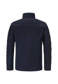Marineblaue Fleecejacke mit hohem Kragen, langen Ärmeln, flachen Nähten und ohne sichtbare Beschläge. Glatte Textur mit einem schlichten Design.