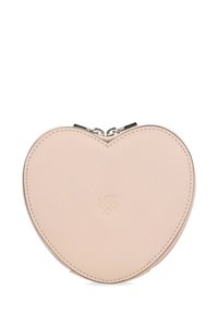 Pink heart-shaped leather pouch with a textured surface, zip closure, and a subtle embossed logo on the front.