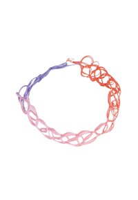 Fascetta intrecciata colorata realizzata in materiale flessibile, con anelli intrecciati in tonalità di viola, rosa e arancione.
