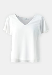 Vit V-ringad topp med korta, volangärmar. Tillverkad av ett slätt, lättviktigt material. Rak fåll och minimalistisk design.