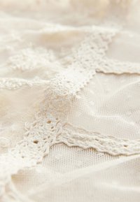 Delicato tessuto di pizzo avorio con intricate fantasie floreali, texture a rete e dettagli all'uncinetto lungo i bordi, morbido e traslucido.