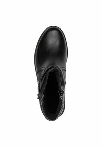 Black faux leather ankle boot with inner fleece lining, zip closure, rounded toe, and contrast stitching along the sole.