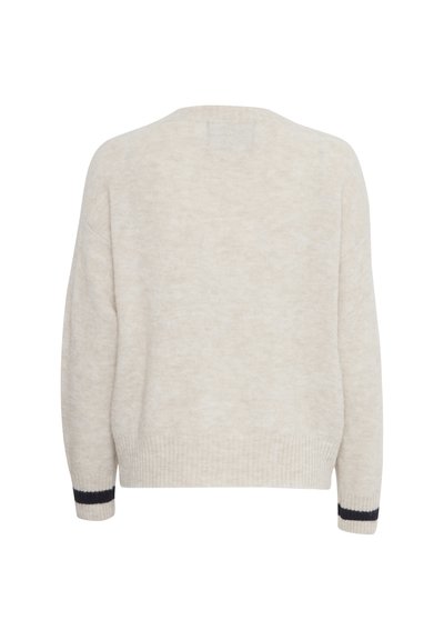 Pull en tricot beige à manches longues, avec des poignets côtelés ornés d'une seule bande noire et un ourlet côtelé, vu de dos.