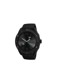 Montre analogique noire avec un cadran rond, une finition mate, de grands chiffres et un bracelet en silicone. Comprend un indicateur de batterie et des accents bleus.