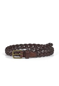 Cintura in pelle intrecciata marrone con fibbia in ottone e una tracolla in pelle liscia. La texture è intrecciata, mostrando un design classico.