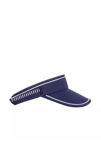 Granatowy daszek z szerokim rondem i białym wykończeniem. Posiada regulowany pasek z wzorzystym designem dla pewnego dopasowania. Wykonany z miękkiego, elastycznego materiału.