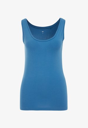 Blauwe mouwloze tanktop van zachte katoen. Heeft een ronde halslijn en een strakke pasvorm, met een gladde structuur en zonder zichtbare patronen.