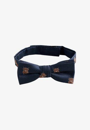 Navy blue bow tie made of textured fabric, featuring brown animal embroidery. It has a classic shape and an adjustable strap for fit.