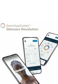 Tre smartphones viser en hudplejeapp. Funktionerne inkluderer en kalender, et interface til hudscanning og rutineopfølgning med farverige ikoner.