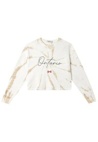 Krótka bluza z długim rękawem w wzór tie-dye w kolorach kremowym i beżowym. Z napisem „Ontario” pisanym kursywą oraz grafiką kanadyjskiej flagi.