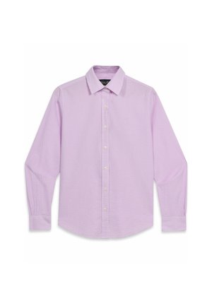 Camicia a maniche lunghe con bottoni, con piccolo motivo a quadretti rosa e bianchi e colletto classico, distesa su sfondo bianco.