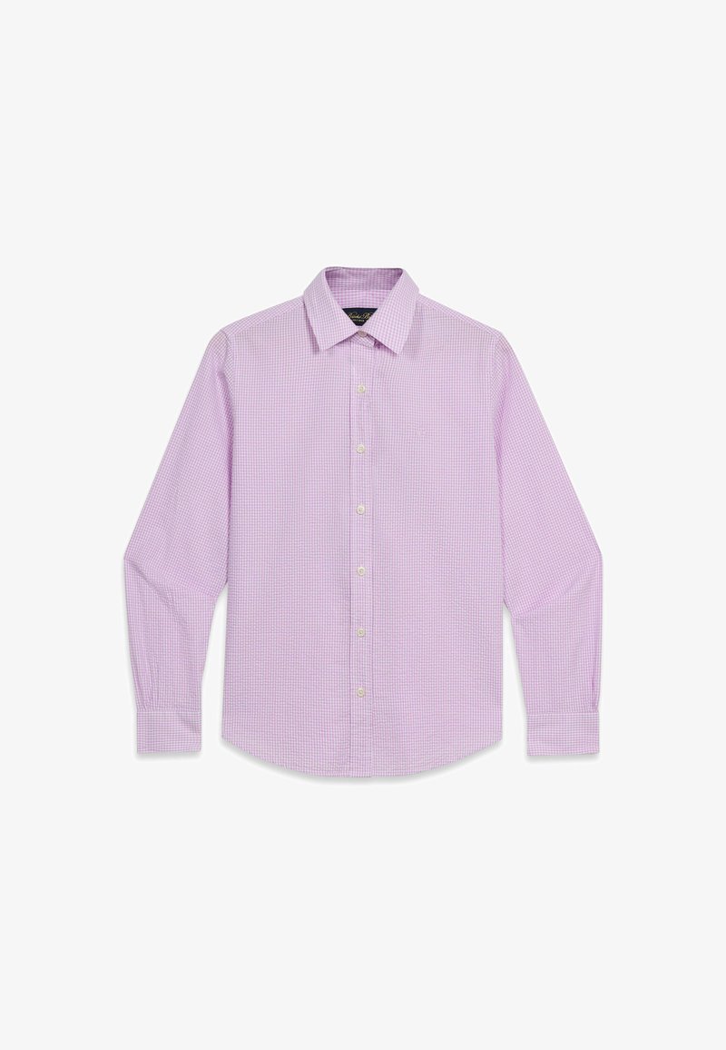 Overhemd met lange mouwen en knopen, met een klein roze-wit geruit patroon en een klassieke kraag, plat gelegd op een witte achtergrond.