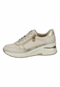 Light beige leather sneaker with metallic accents, textured laces, side zipper, and thick white midsole. Features a cushioned collar and logo.