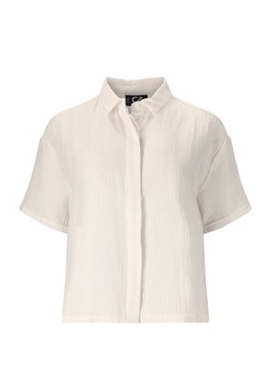 Kevyt, lyhythihainen paita off-white tekstuurikankaasta, jossa on nappi-edessä ja rento, lyhyempi malli.