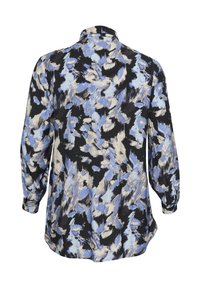 Langärmlige Bluse aus schwarzem Stoff mit einem abstrakten Muster in Blau und Creme. Sie verfügt über einen Hemdkragen und weit geschnittene Ärmel.